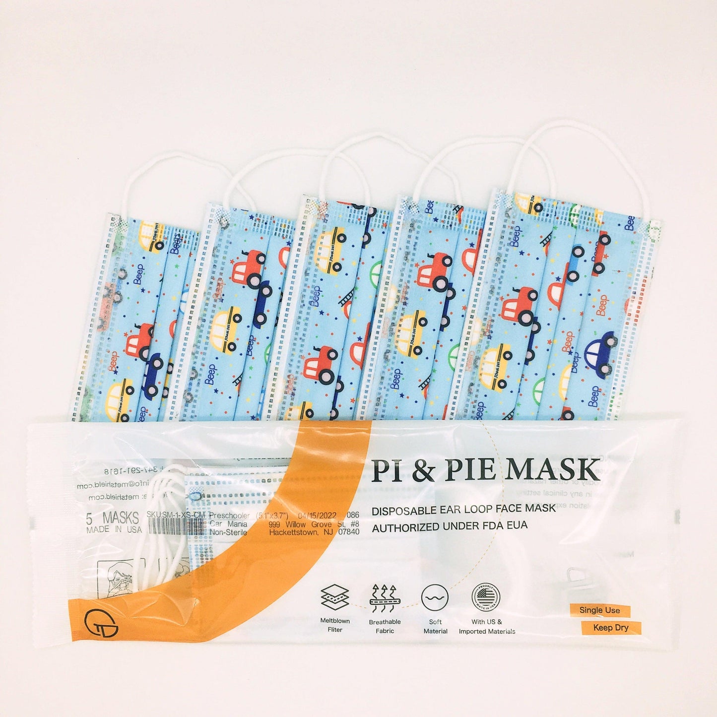 Made in USA, Toddler/Preschooler Premium 3-Ply Disposable Face Mask Car Mania